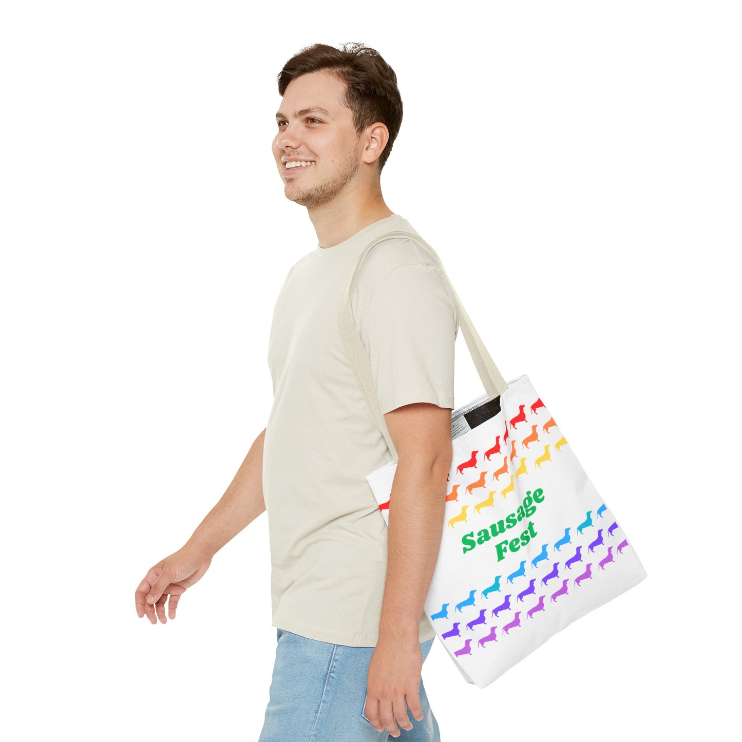 Sausage Fest Tote Bag Colourful Rainbow Dachshund Design 16"