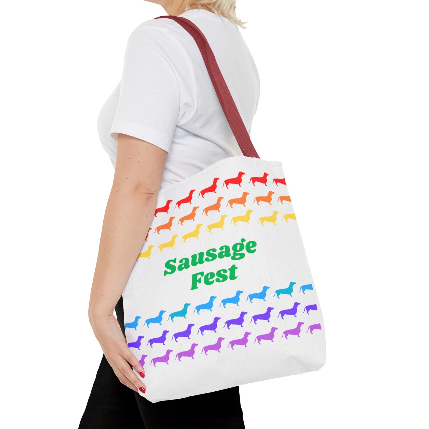 Sausage Fest Tote Bag Colourful Rainbow Dachshund Design 16"