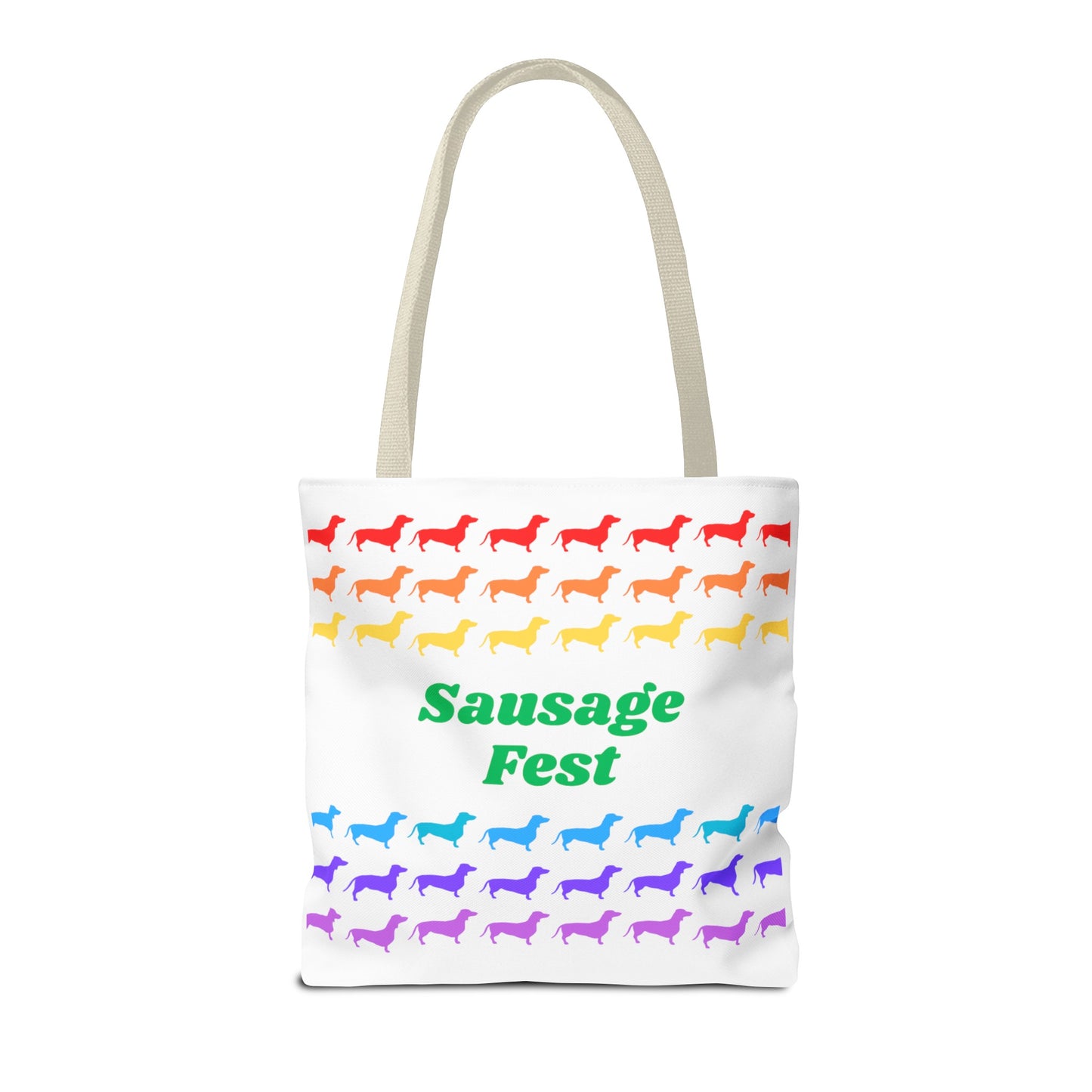 Sausage Fest Tote Bag Colourful Rainbow Dachshund Design 16"