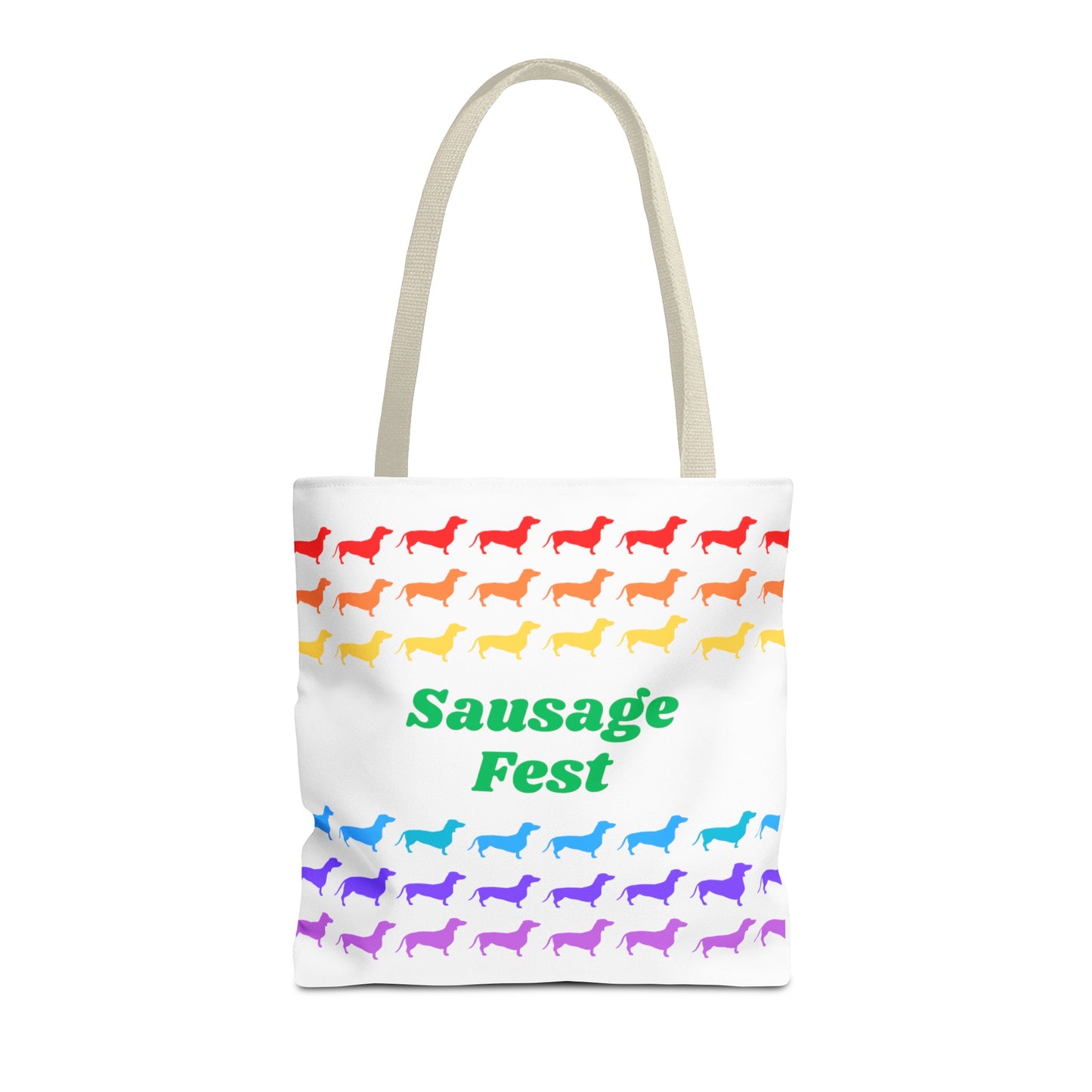 Sausage Fest Tote Bag Colourful Rainbow Dachshund Design 16"