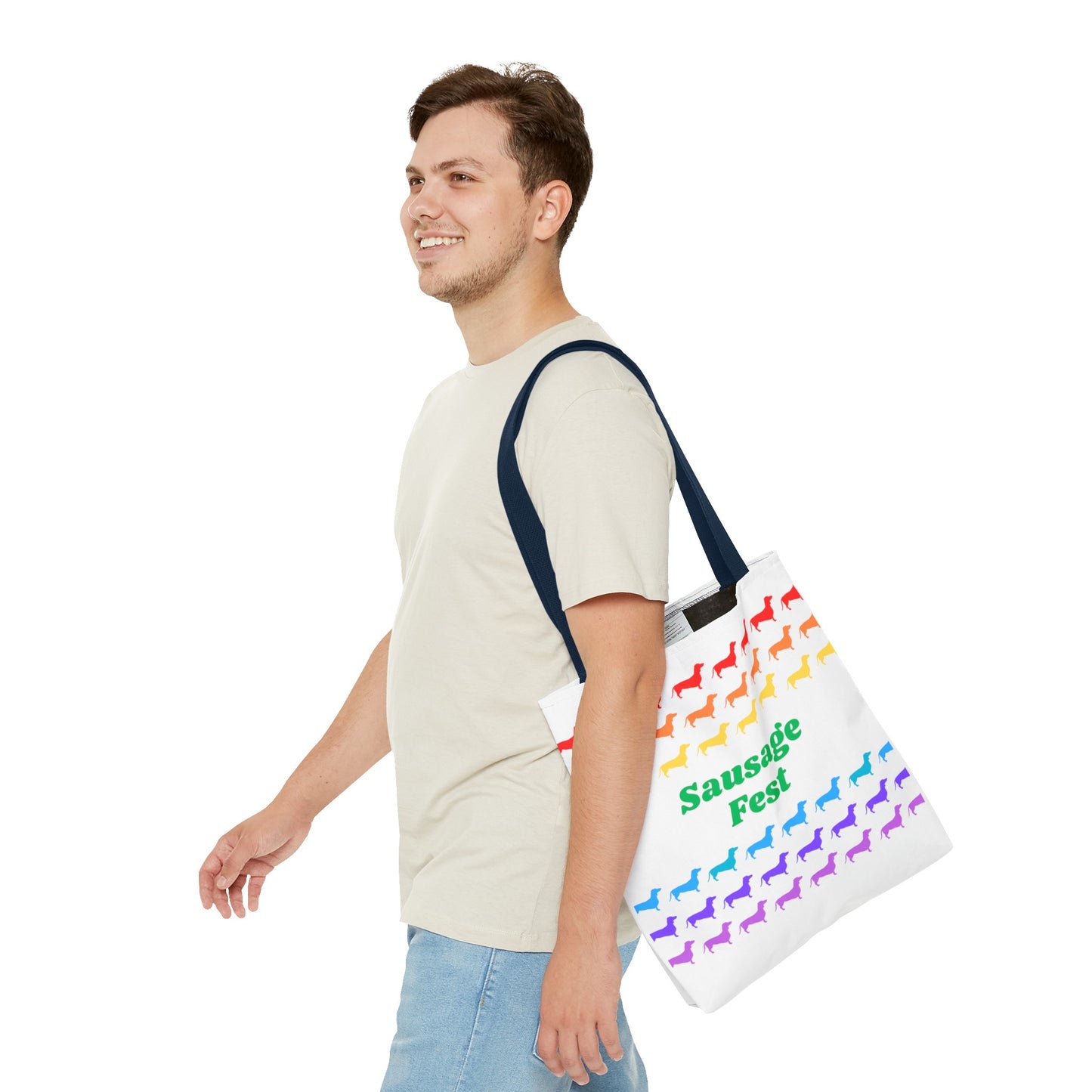 Sausage Fest Tote Bag Colourful Rainbow Dachshund Design 16"