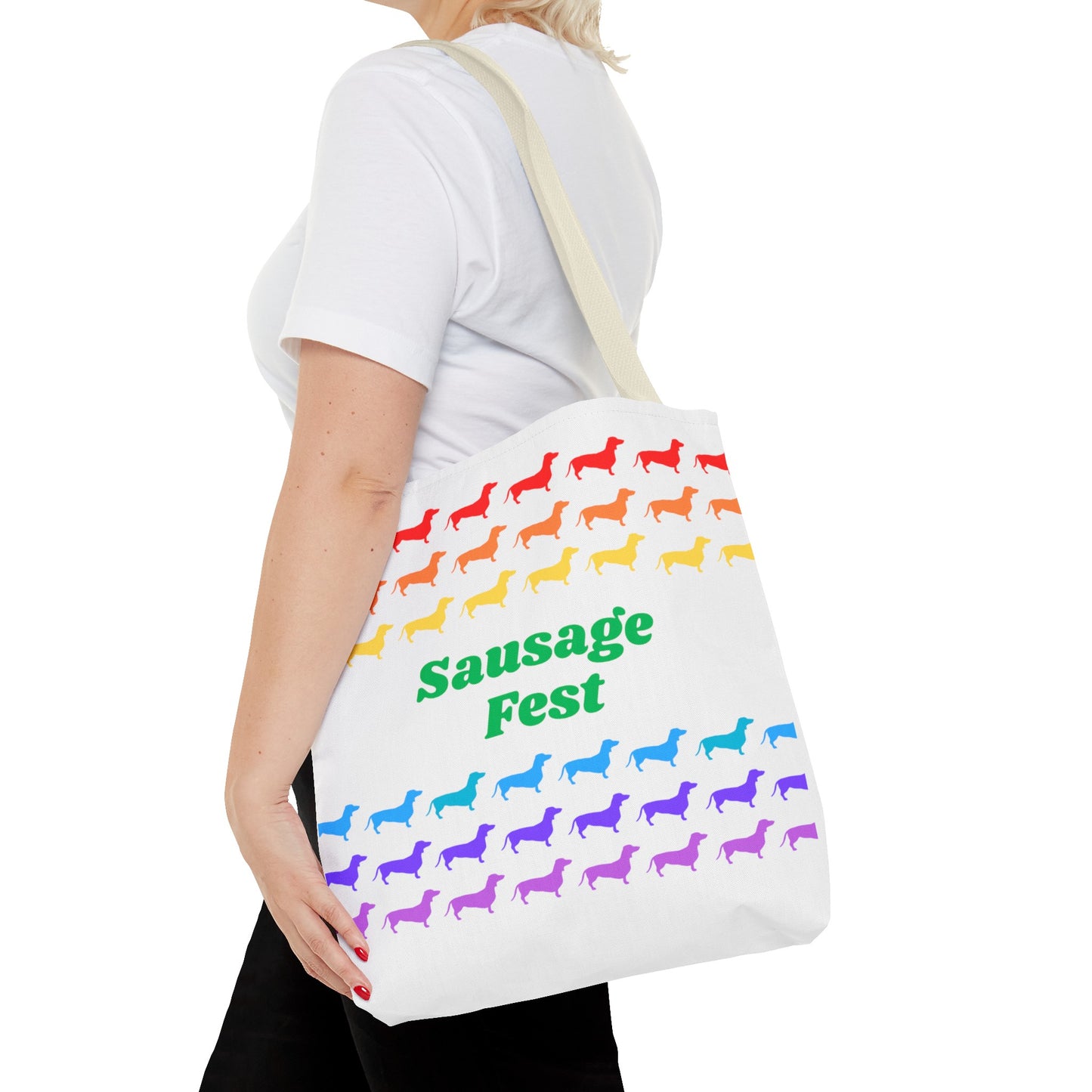 Sausage Fest Tote Bag Colourful Rainbow Dachshund Design 16"