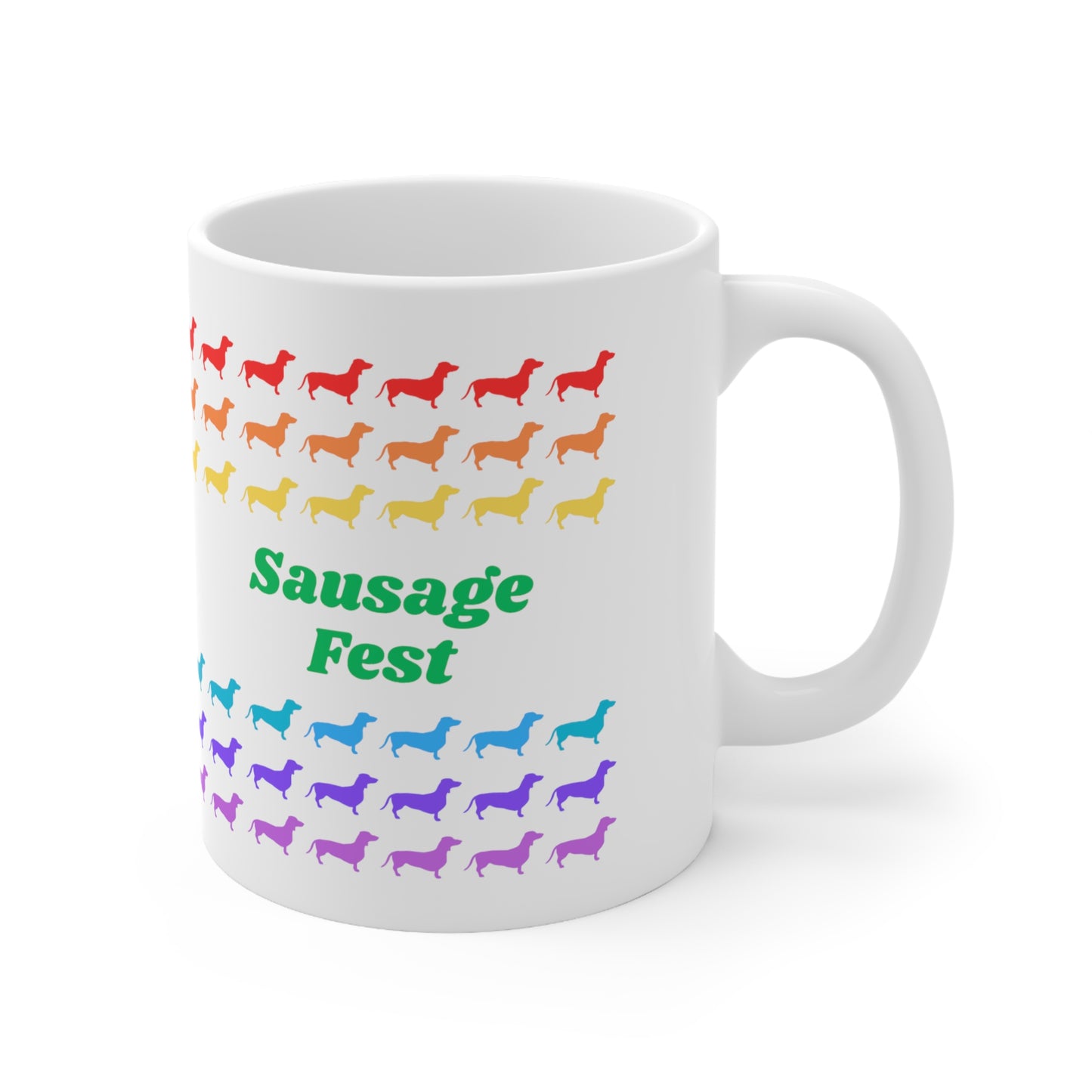 Sausage Fest Coffee Mug Colourful Rainbow Dachshund Design