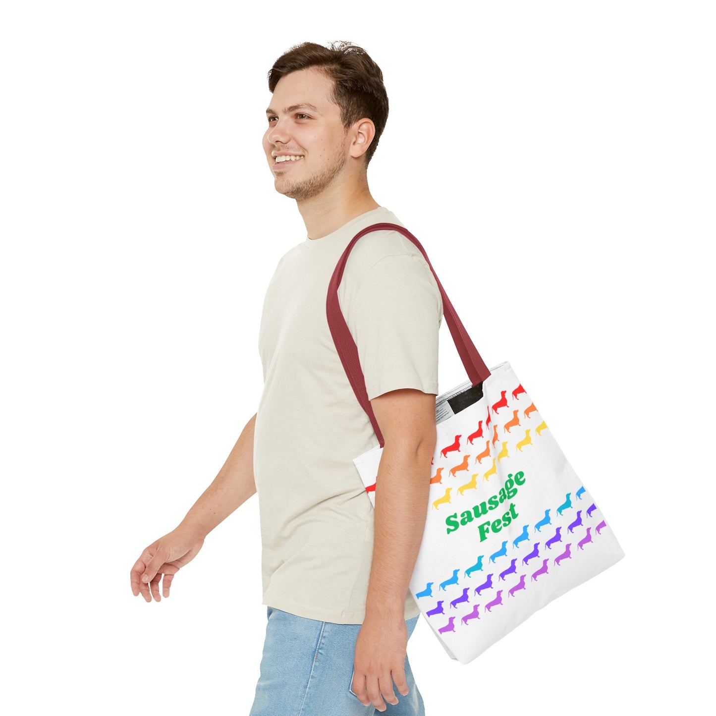 Sausage Fest Tote Bag Colourful Rainbow Dachshund Design 16"