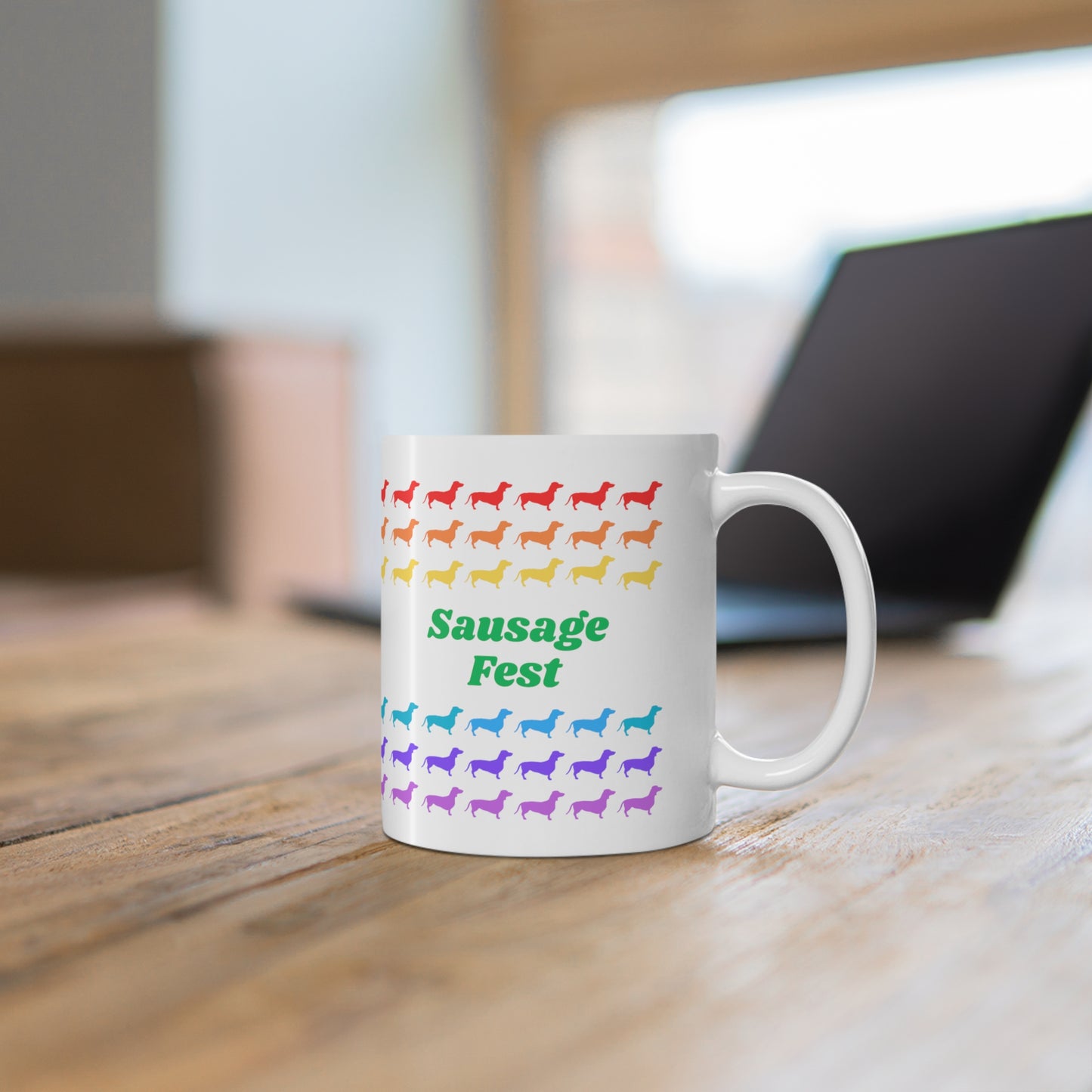 Sausage Fest Coffee Mug Colourful Rainbow Dachshund Design