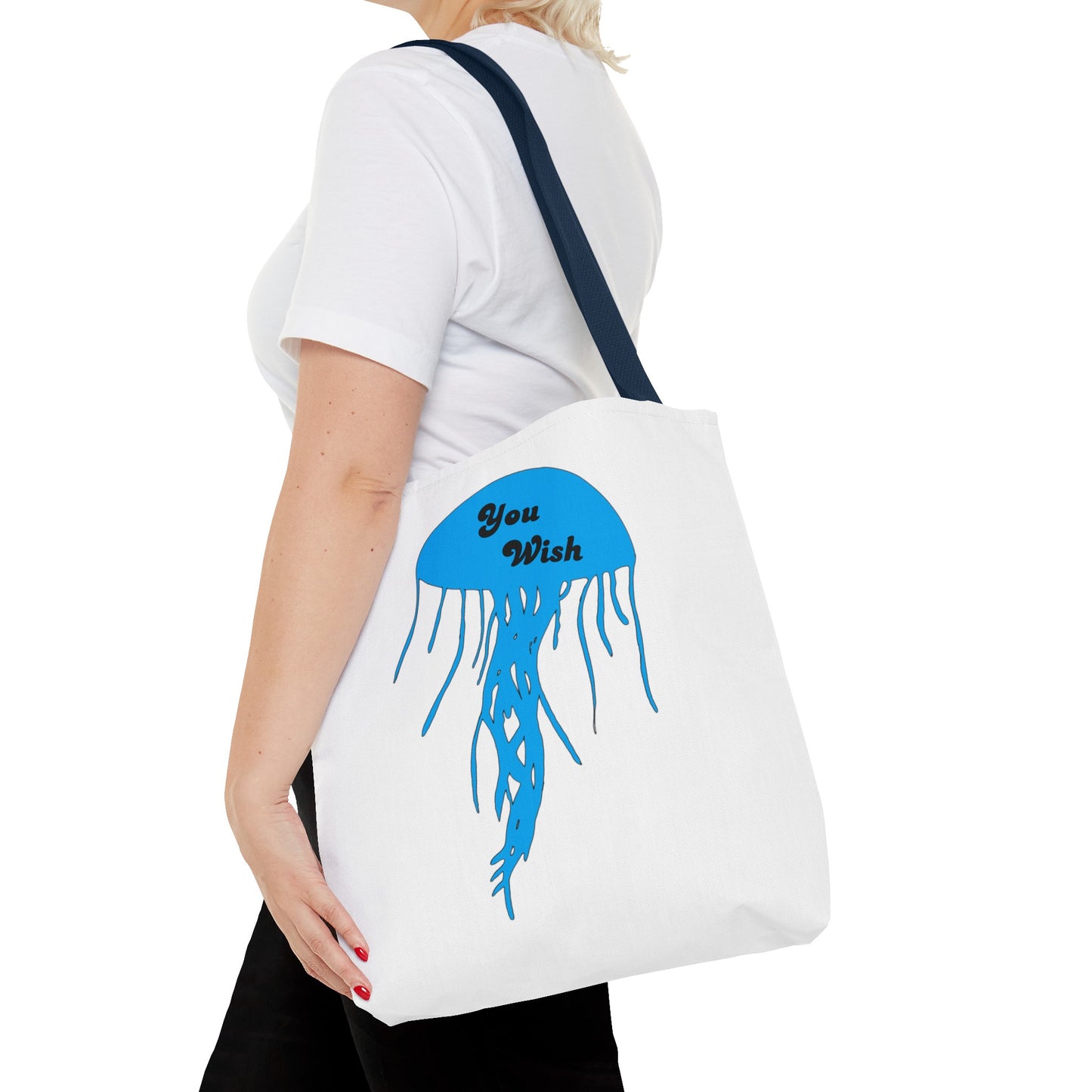 You Wish Jellyfish Tote Bag with vibrant blue design 16"