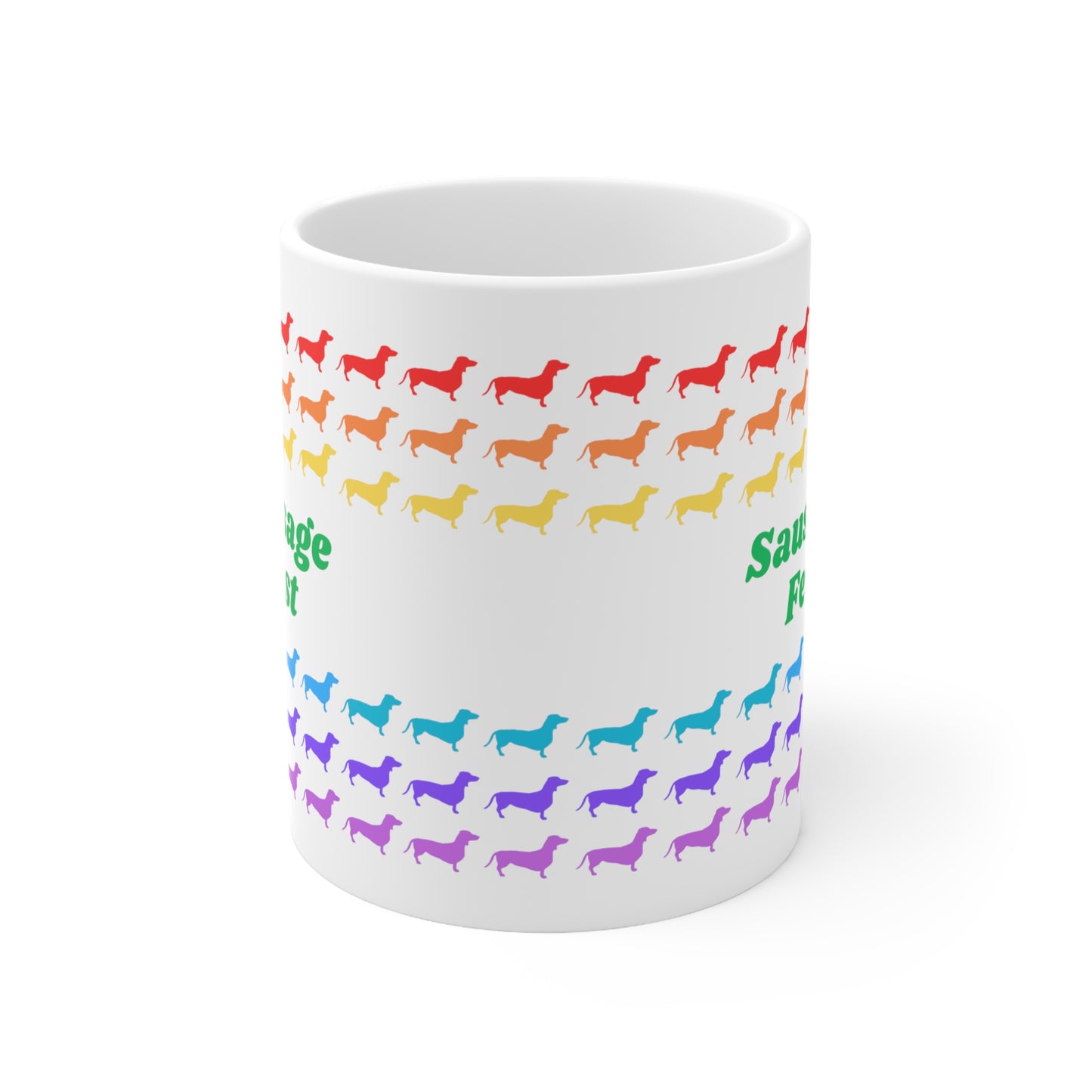 Sausage Fest Coffee Mug Colourful Rainbow Dachshund Design