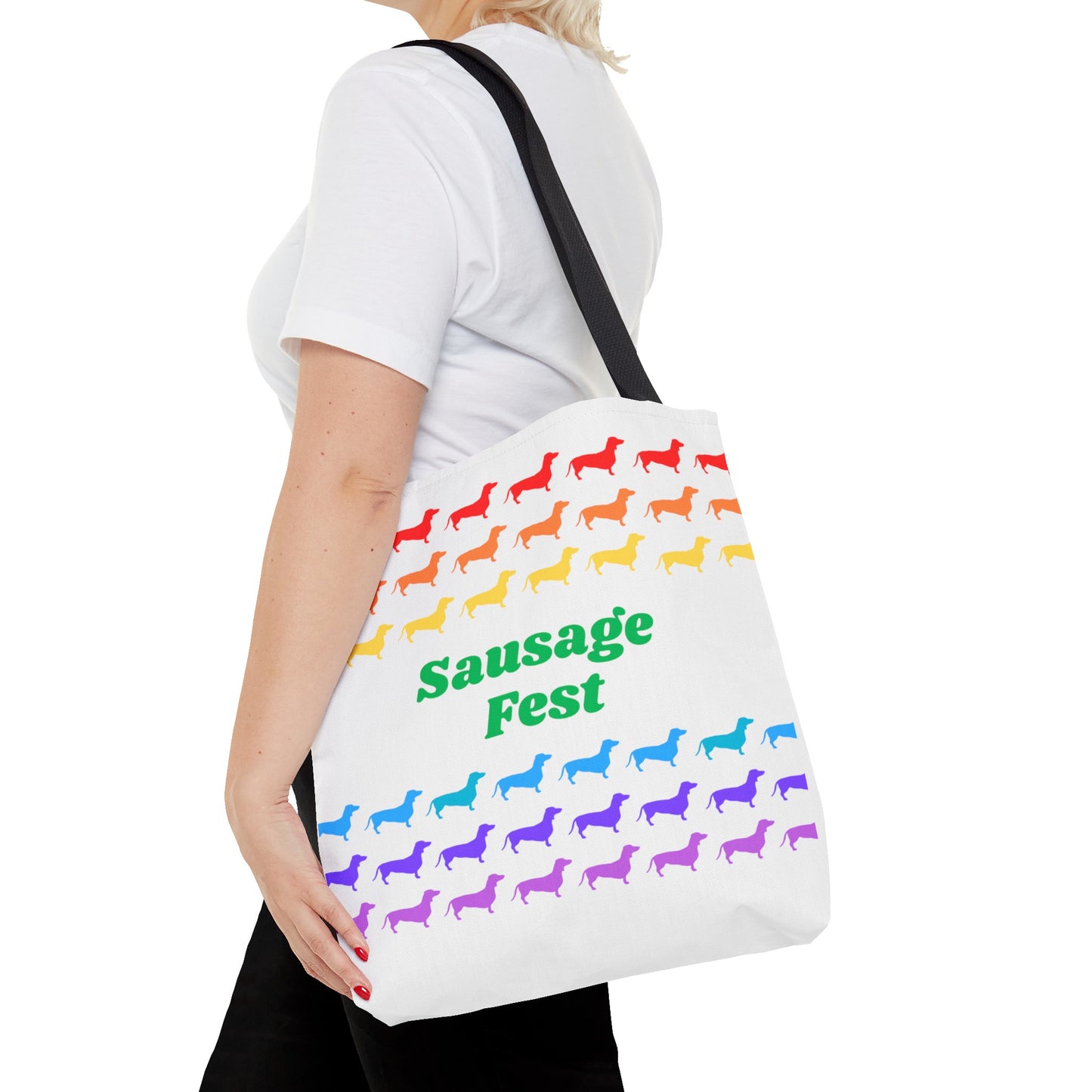 Sausage Fest Tote Bag Colourful Rainbow Dachshund Design 16"