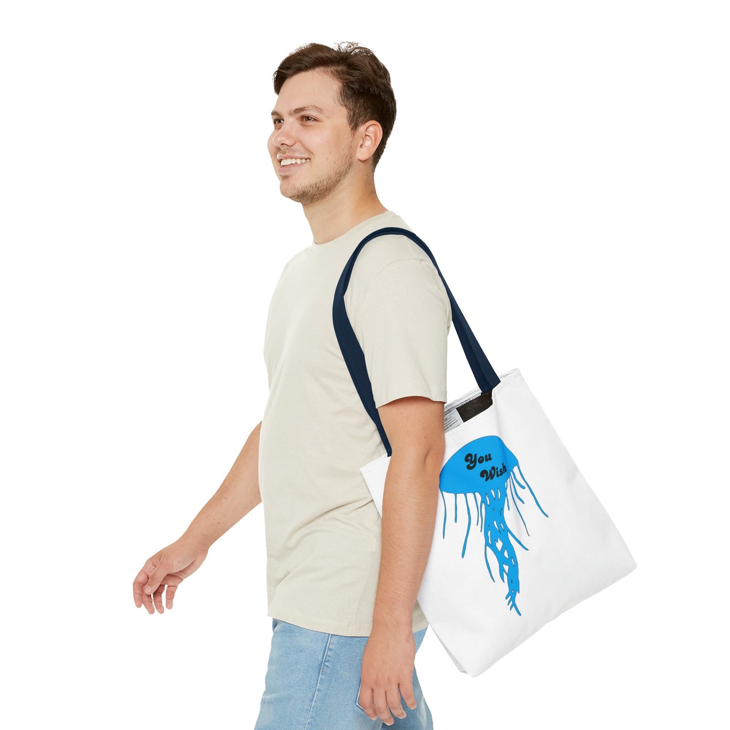 You Wish Jellyfish Tote Bag with vibrant blue design 16"