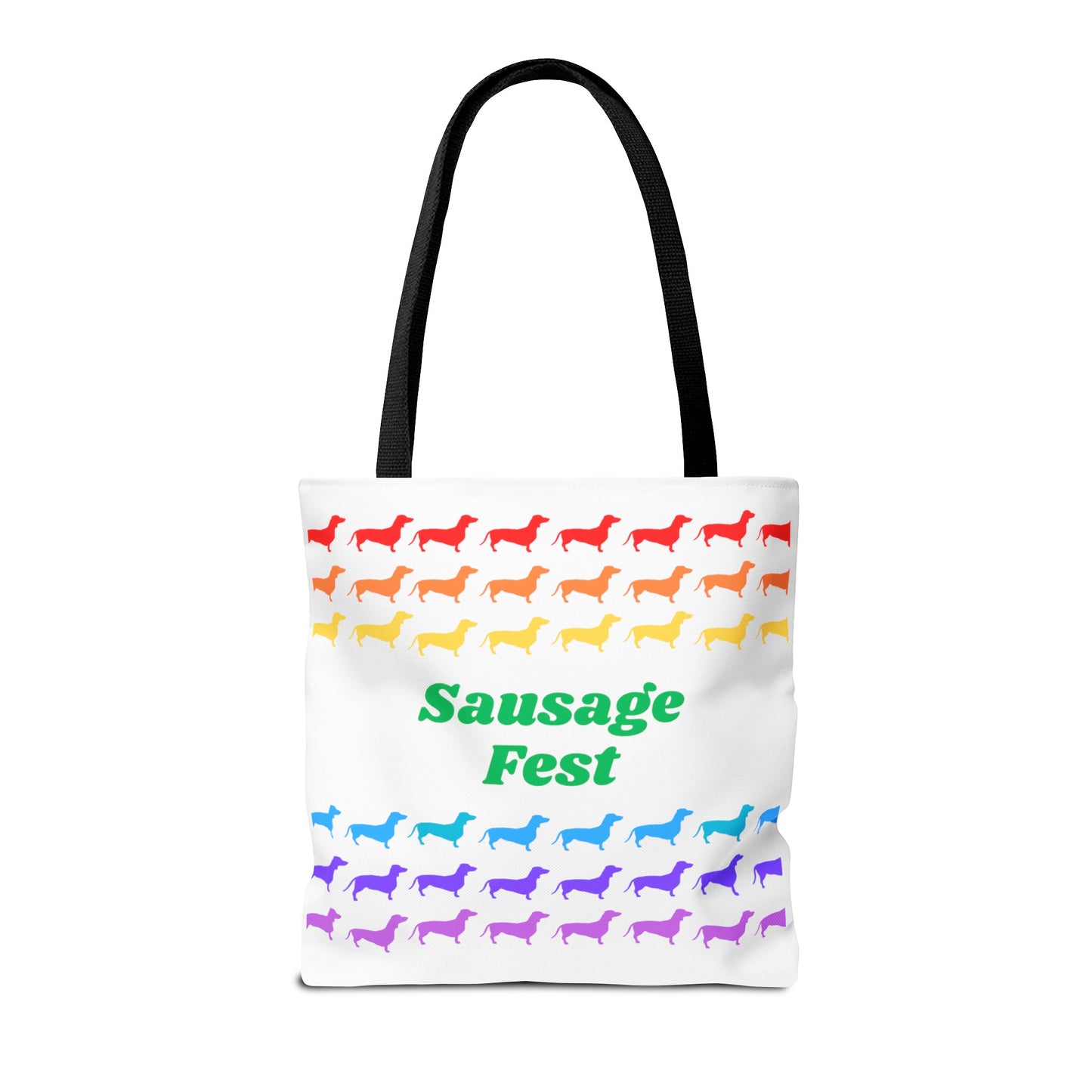 Sausage Fest Tote Bag Colourful Rainbow Dachshund Design 16"