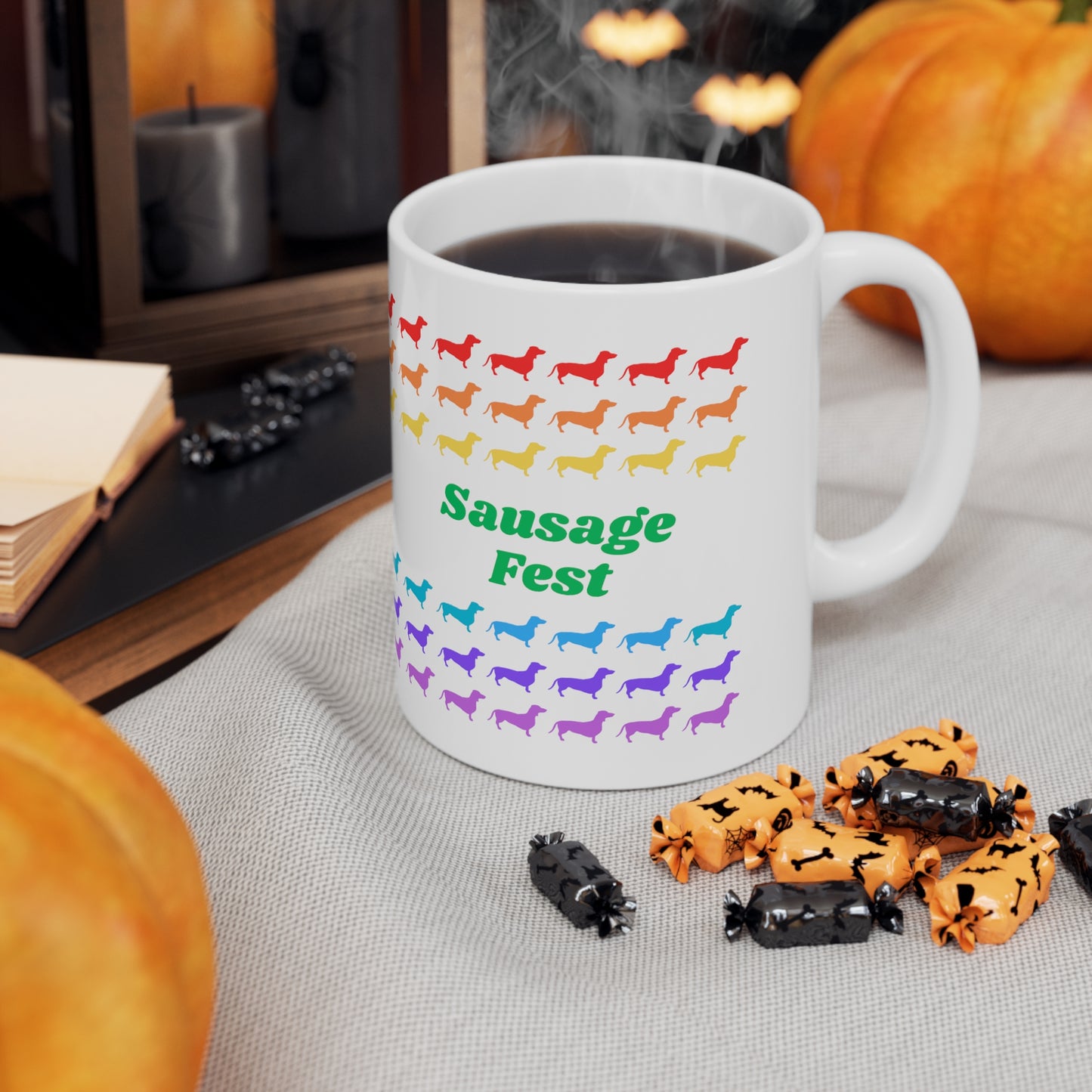 Sausage Fest Coffee Mug Colourful Rainbow Dachshund Design