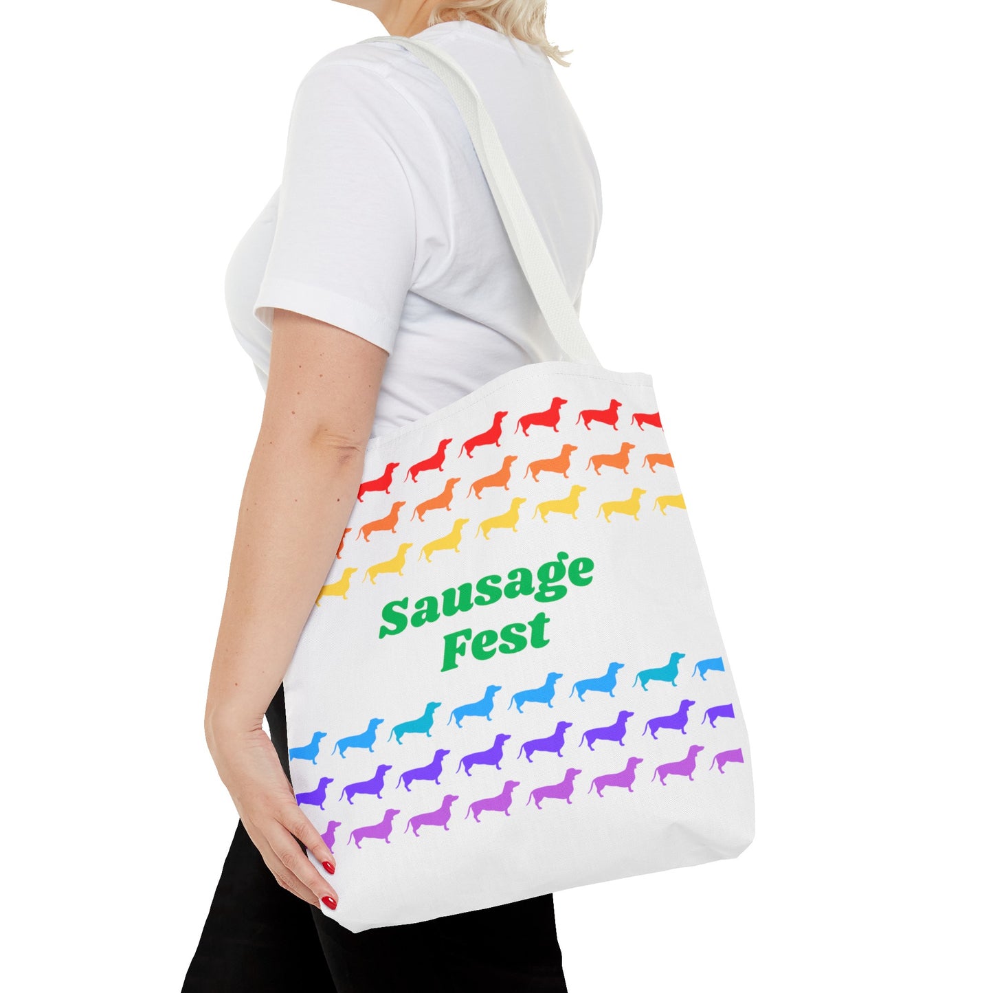 Sausage Fest Tote Bag Colourful Rainbow Dachshund Design 16"